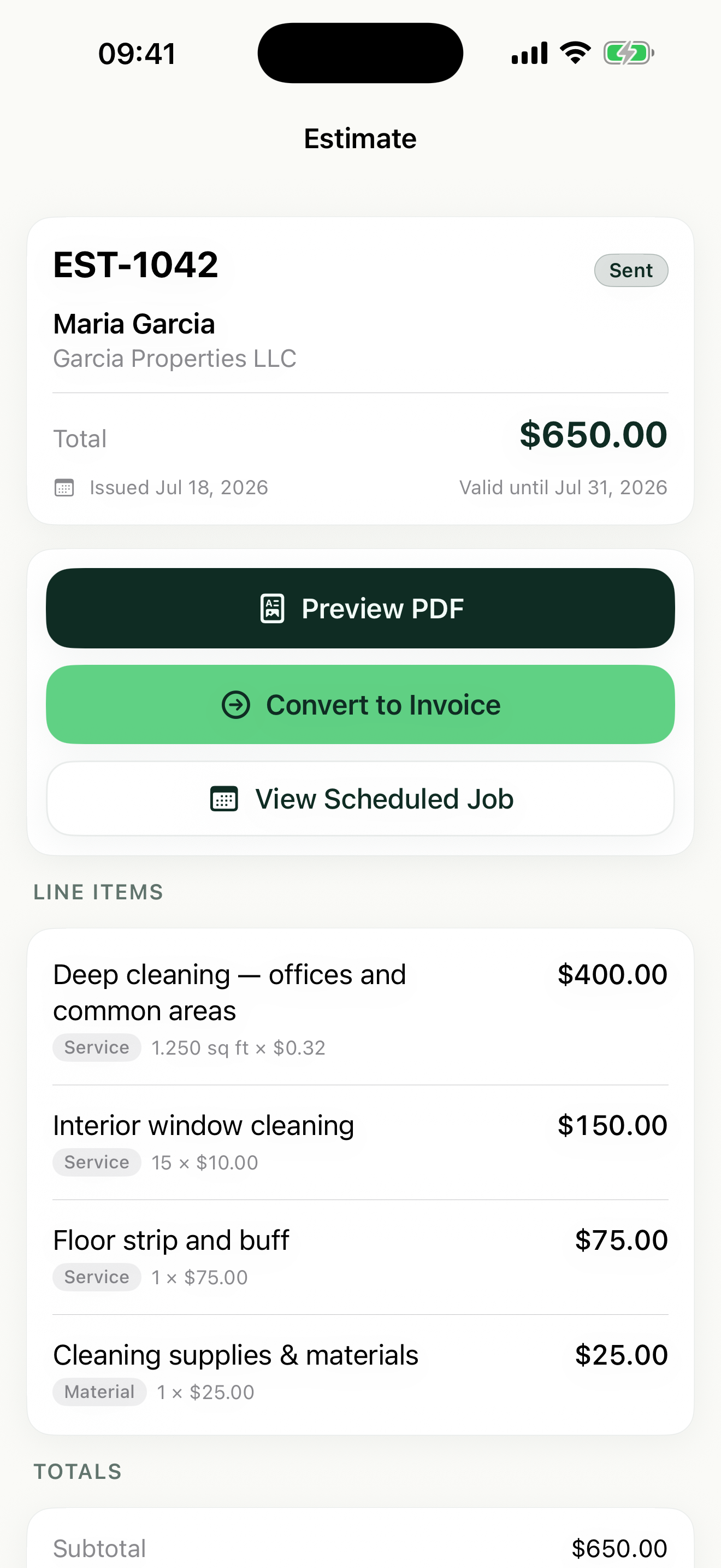 Creating an itemized estimate in Revenuor on iPhone
