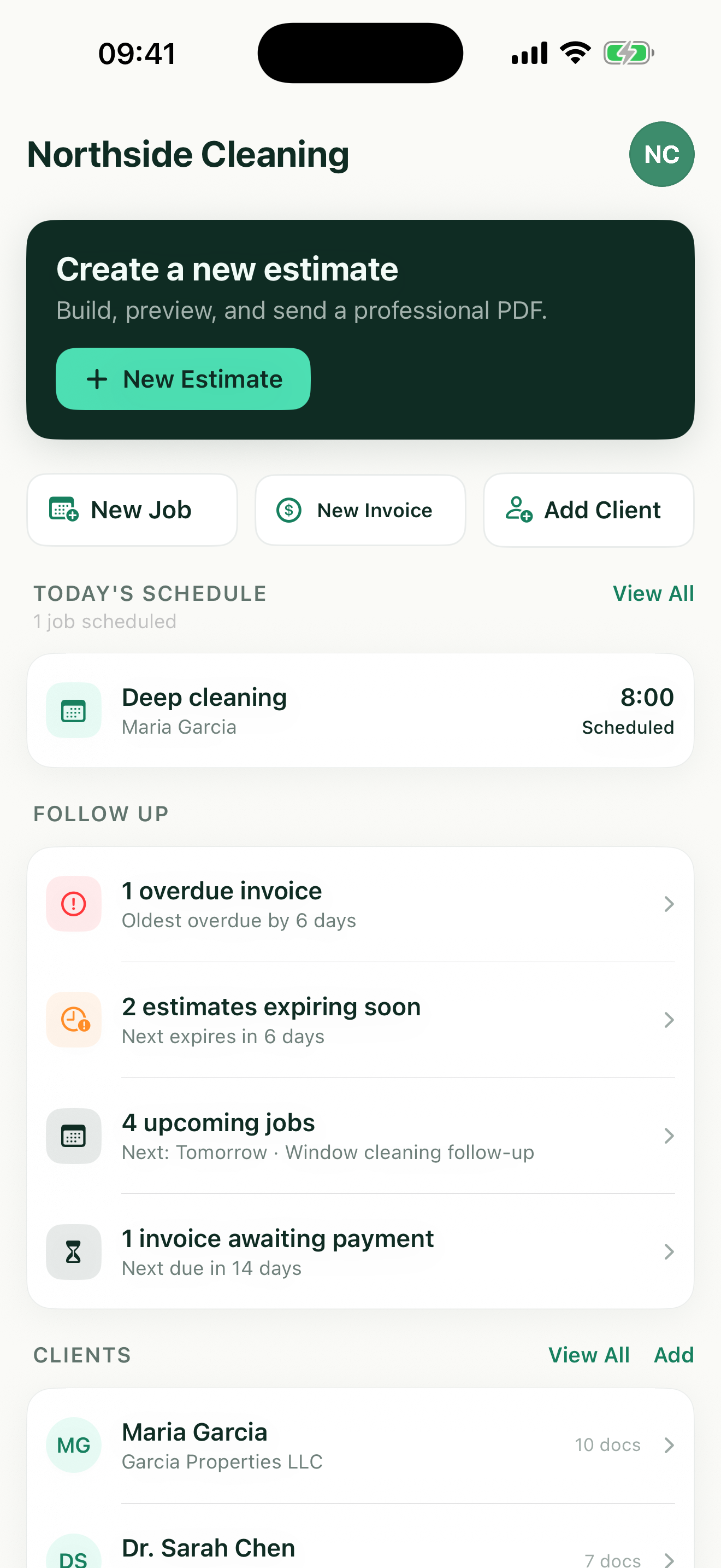 Follow-up screen with overdue and awaiting-payment invoices in Revenuor on iPhone