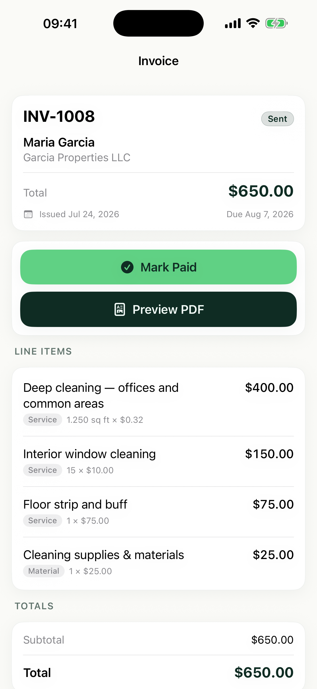An itemized invoice in Revenuor on iPhone