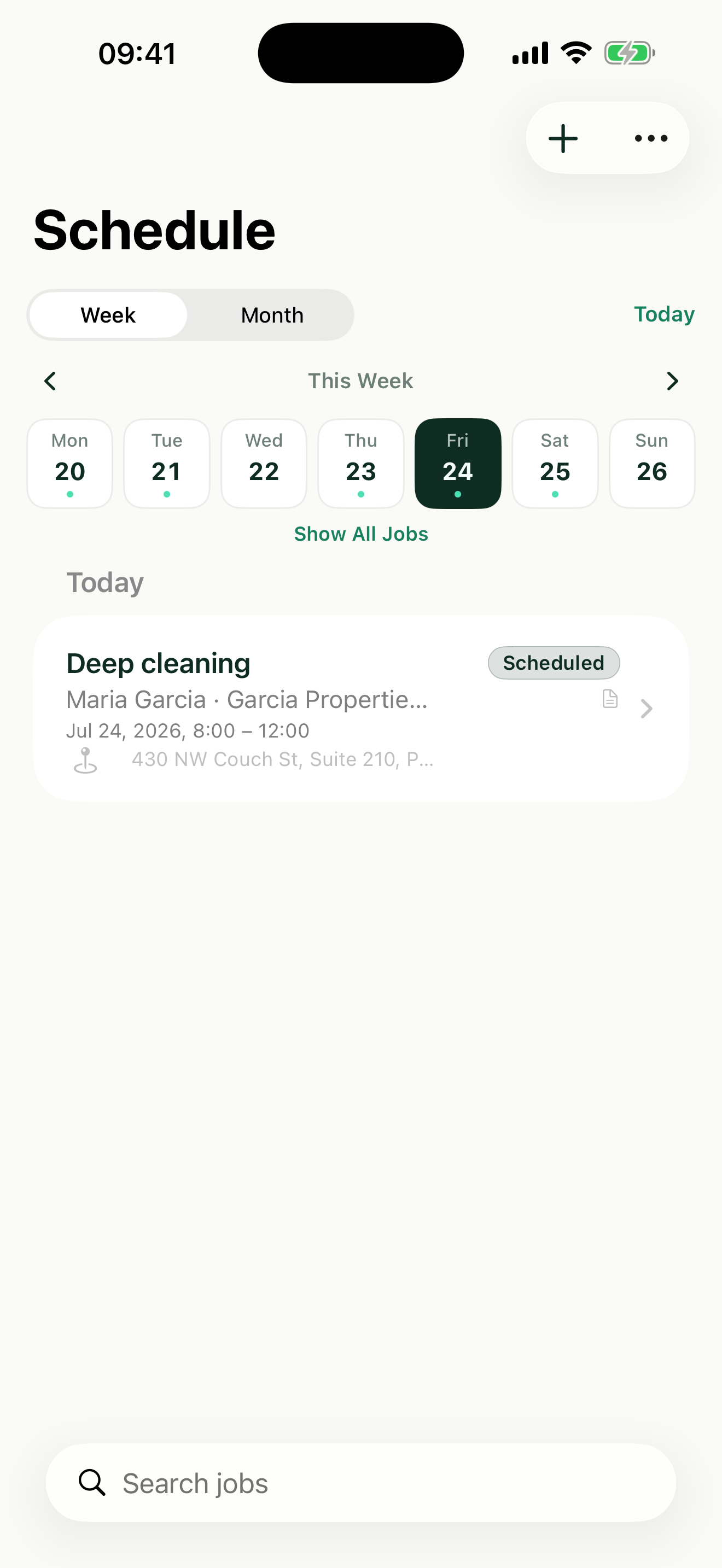 Week view of scheduled jobs in Revenuor on iPhone
